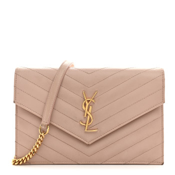 SAINT LAURENT Grain De Poudre Matelasse Chevron Monogram Envelope Chain Wallet Pale Pink