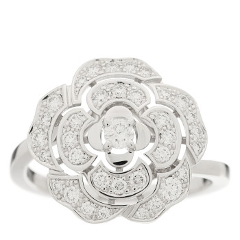 CHANEL 18K White Gold Diamond Small Bouton de Camelia Ring 50 5.25