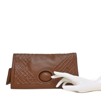 BOTTEGA VENETA Nappa Embossed Intrecciato Turnlock Clutch Brown