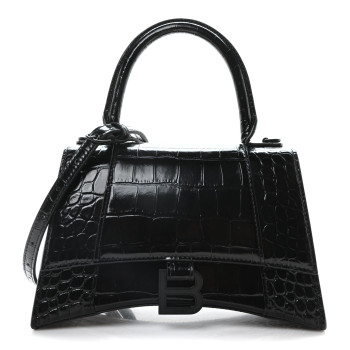 BALENCIAGA Shiny Calfskin Monochrome Crocodile Embossed Small Hourglass Top Handle Bag Black