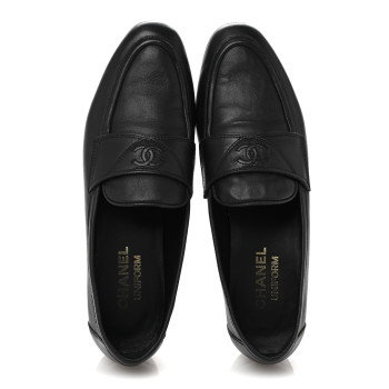 CHANEL Calfskin Womens Stitched CC Loafers 37 Black