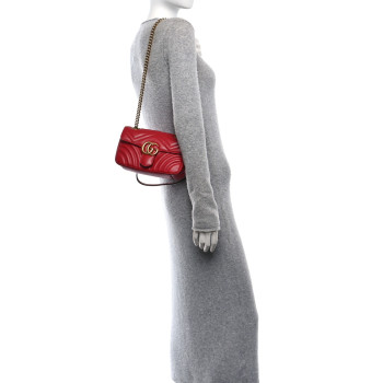 GUCCI Calfskin Matelasse Mini GG Marmont Shoulder Bag Hibiscus Red