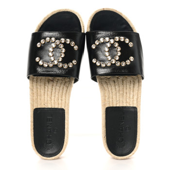 CHANEL Patent Calfskin Crystal CC Espadrille Slip On Sandals 40 Black