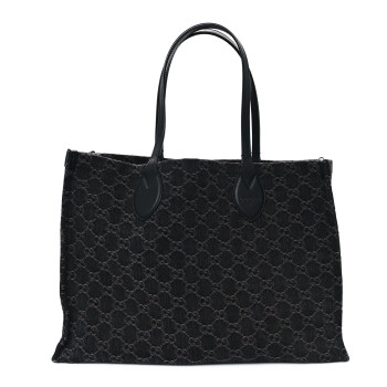 GUCCI Denim Ophidia GG Monogram Large Tote Black Grey
