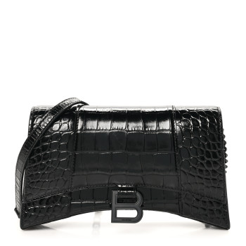BALENCIAGA Shiny Calfskin Monochrome Crocodile Embossed Small Hourglass Evening Chain Bag Black