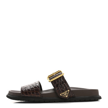 PRADA Calfskin Embossed Crocodile Buckle Slide Sandals 36 Cacao