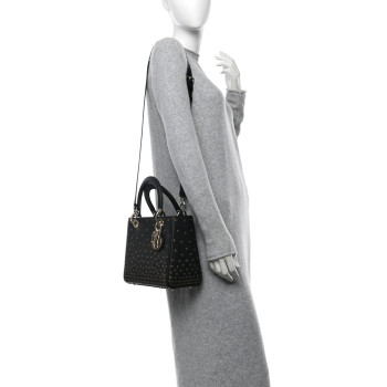 CHRISTIAN DIOR Calfskin Studded Sequin Medium Lady Dior Black
