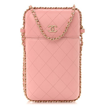 CHANEL Lambskin Quilted Chain Around Phone Holder Pink