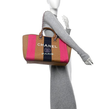 CHANEL Straw Raffia Calfskin Striped Medium Deauville Tote Dark Beige Fuchsia Navy Blue