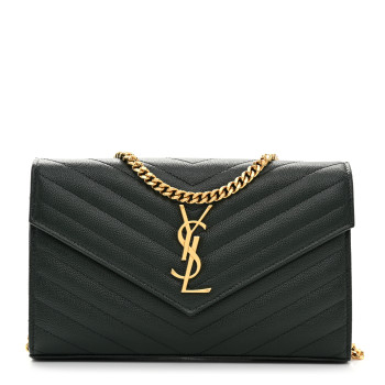 SAINT LAURENT Grain De Poudre Matelasse Chevron Monogram Chain Wallet Dark Green