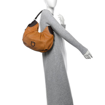 SALVATORE FERRAGAMO Calfskin Gancini Stitched Hobo Tan