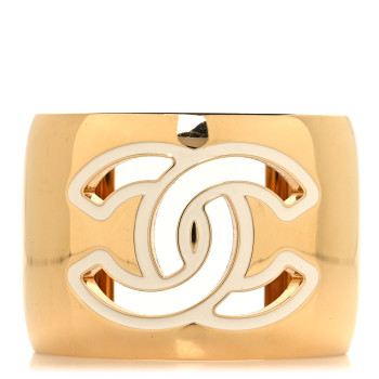 CHANEL Metal Resin CC Cuff Cutout M Gold White