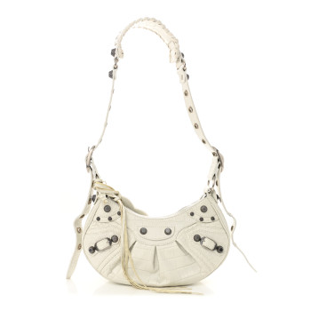 BALENCIAGA Extra Supple Calfskin Crocodile Embossed Le Cagole Shoulder Bag XS Optic White
