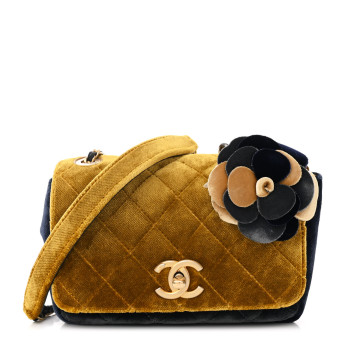 CHANEL Velvet Quilted Small Camellia Flap Yellow Navy Charcoal