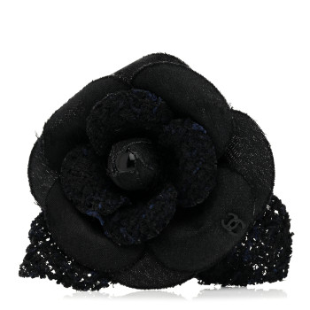 CHANEL Tweed Fabric Camellia Pin Brooch Black