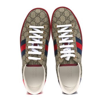 GUCCI GG Supreme Monogram Ayers Web Mens New Ace Sneakers 9.5 Beige Ebony Red