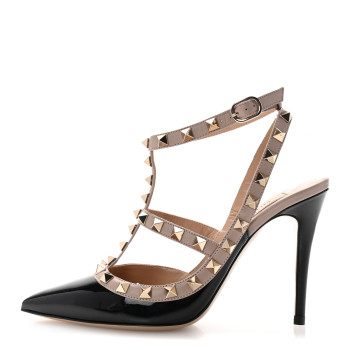 VALENTINO GARAVANI Patent Nappa Rockstud Ankle Strap 100mm Pumps 35.5 Black Poudre