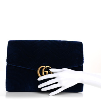 GUCCI Velvet Matelasse GG Marmont Clutch Cobalt Blue