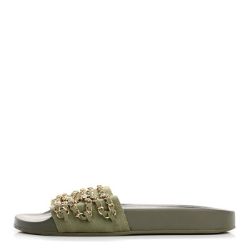CHANEL Satin Canvas Chain Slides Sandals Flats 40 Khaki
