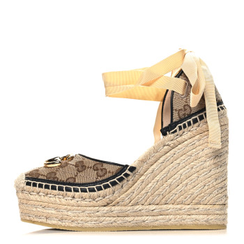 GUCCI Monogram Matelasse GG Marmont Ankle Wrap Platform 35/120mm Espadrille Wedges 35.5 Beige Ebony Black Sand Storm