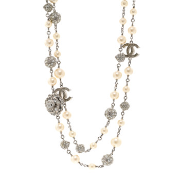 CHANEL Pearl Crystal CC Camellia Long Necklace Silver