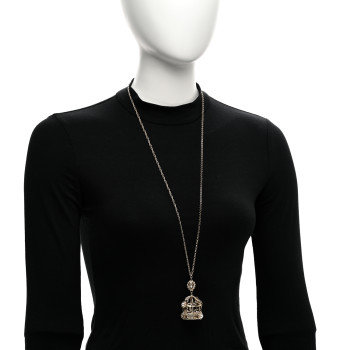 CHANEL Metal Crystal Logo Bird Cage Necklace Gold