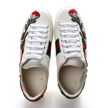 GUCCI Calfskin Web Floral Embroidered Womens Ace Sneakers 36 White