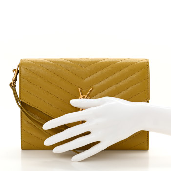 SAINT LAURENT Grain De Poudre Matelasse Chevron Monogram Envelope Clutch Light Chartreuse