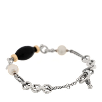 DAVID YURMAN Sterling Silver 18K Yellow Gold Black Onyx Pearl Figaro Bracelet