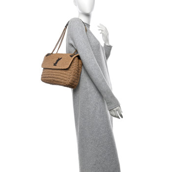 SAINT LAURENT Raffia Calfskin Monogram Medium Niki Chain Satchel Natural
