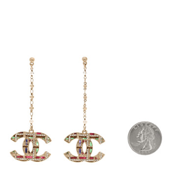 CHANEL Pearl Crystal CC Tweed Drop Earrings Gold Brown Green