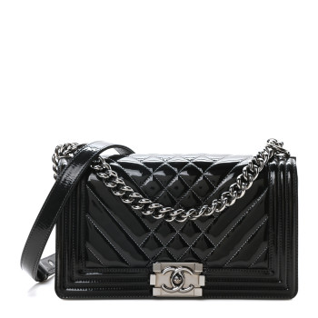 CHANEL Patent Chevron Quilted New Medium Boy Flap Black
