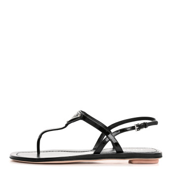 PRADA Vernice Metal Triangle Logo Slingback Flat Thong Sandals 39 Black