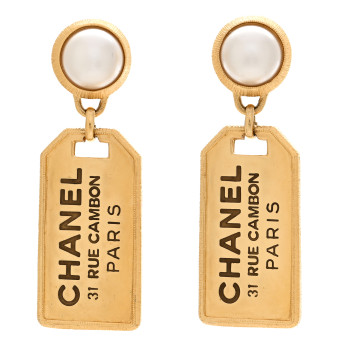 CHANEL Pearl CC Tags Drop Earrings Gold