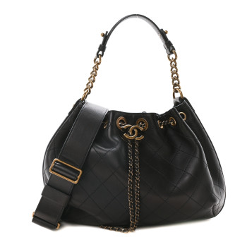 CHANEL Calfskin Stitched Small Paris Rome Drawstring CC Bag Black