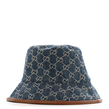 GUCCI Washed Jacquard Denim Nappa GG Monogram Oscar Bucket Hat M Denim Cuir