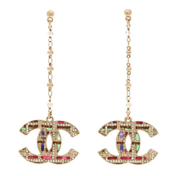 CHANEL Pearl Crystal CC Tweed Drop Earrings Gold Brown Green