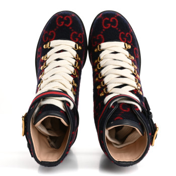 GUCCI Covered Wool Big GG Monogram Womens Lace Up Combat Ankle Boots 37 Blue Red