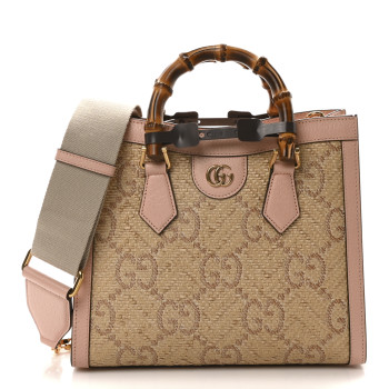 GUCCI Raffia Textured Dollar Calfskin GG Monogram Small Diana Tote Bag Wild Rose Fuxia Fluo