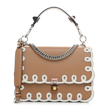 FENDI Vitello Liberty Dolce Scalloped Studded Scrollwork Kan I Shoulder Bag Cuoio White