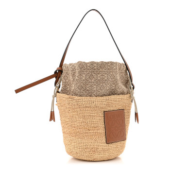 LOEWE Calfskin Raffia Anagram Paulas Ibiza Pochette Bag Natural Tan