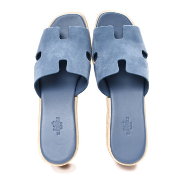 HERMES Suede Goatskin Cork Eze 30 Sandals  40 Bleu Grignon