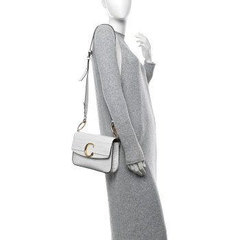 CHLOE Calfskin Crocodile Embossed Small C Double Carry Bag Brilliant White