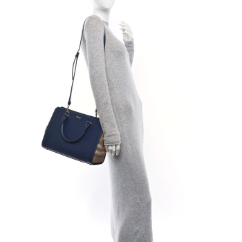 BURBERRY Calfskin Mega Check Small Banwell Tote Dark Canvas Blue