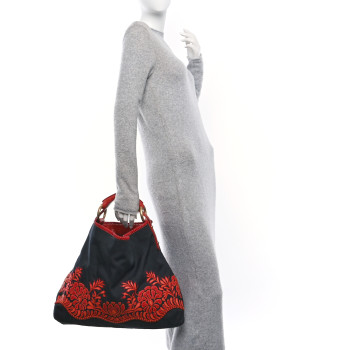 GUCCI Lizard Canvas Embroidered Large Horsebit Chain Hobo Black Red