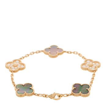 VAN CLEEF & ARPELS 18K Rose Gold Diamond Gray Mother of Pearl 5 Motifs Vintage Alhambra Bracelet