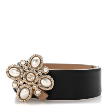 CHANEL Calfskin Pearl Crystal CC Belt 85/34 Black Gold