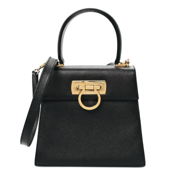SALVATORE FERRAGAMO Hammered Calfskin Small Iconic Top Handle Bag Black