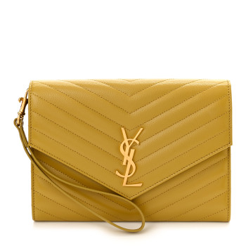 SAINT LAURENT Grain De Poudre Matelasse Chevron Monogram Envelope Clutch Light Chartreuse