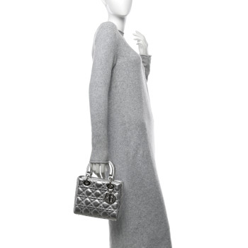 CHRISTIAN DIOR Metallic Grained Calfskin Cannage Small Lucky Badges My Lady Dior Silver